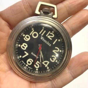 Westclox Quartz Pocket Watch Black‎ Dial Silver Case Japan Large Works Numerals